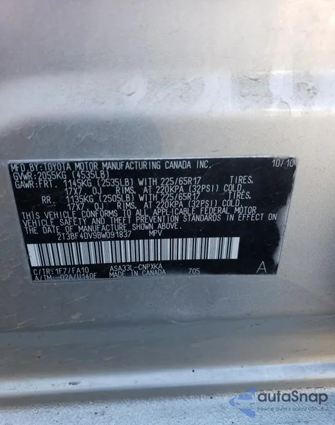 2011 Toyota Rav4 из США, поврежденный, VIN 2T3BF4DV9BW091837